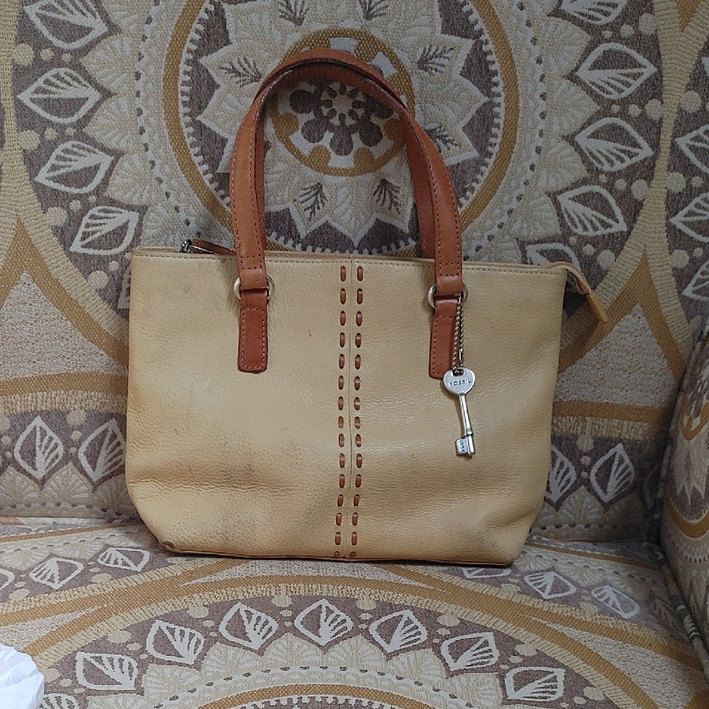 Fossil Beige and Brown Leather Tote